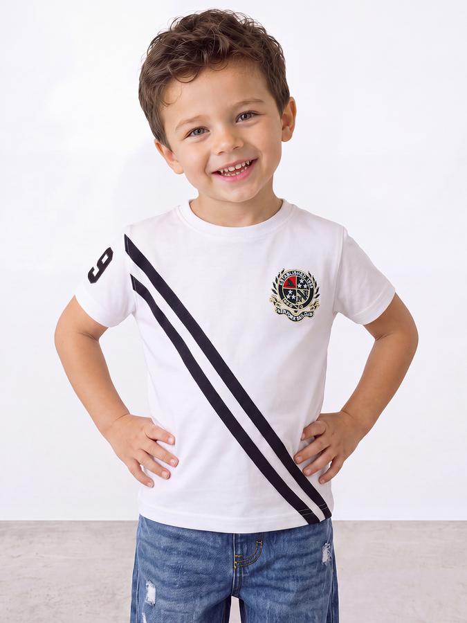 R&B Boys Beige Round Neck Varsity Club Collegiate Badge Diagonal Stripe Pure Cotton T-Shirt