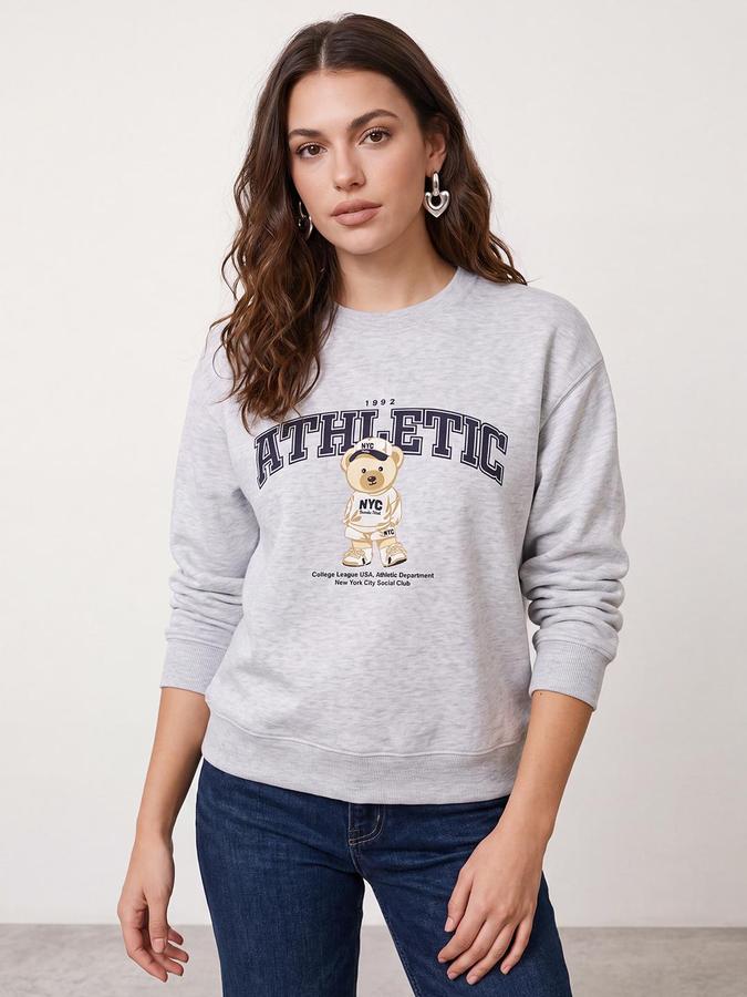 R&B Women Ecru Melange Graphic Print Round Neck Long Sleeves Sweatshirt