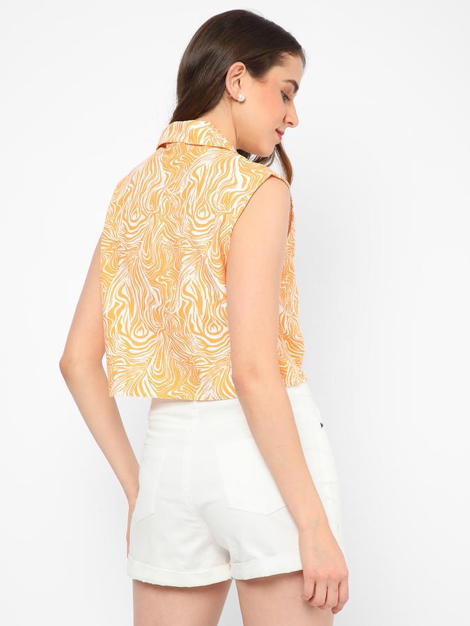 Women Viscose Cropped Shirt Collar Abstract Print Top