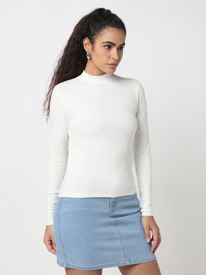 Women Viscose Slim Fit High Neck Ribbed Top