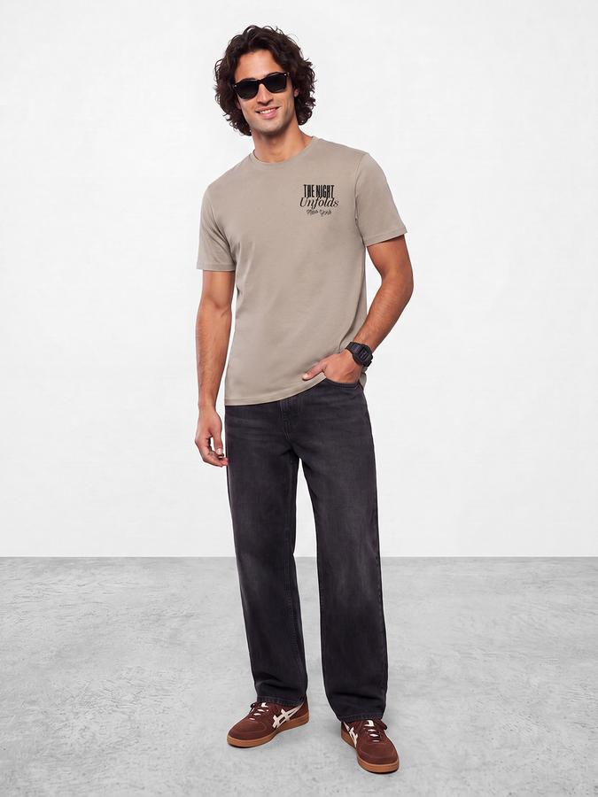 R&B Men Sand Brown Typographic Print Short Sleeves Pure Cotton Tshirt