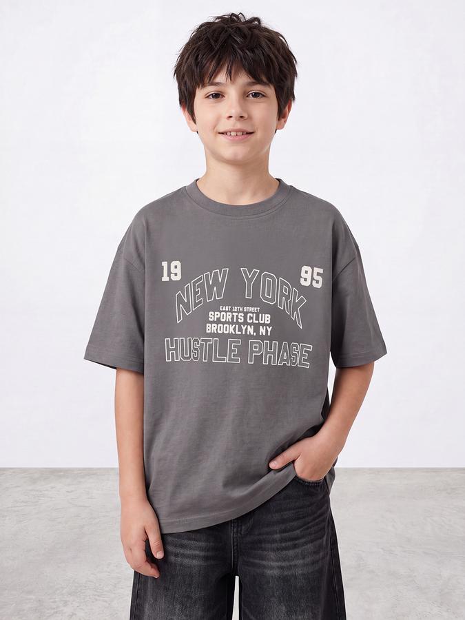 R&B Boys Grey Bold Typographic Print Drop-Shoulder Sleeves Tshirt
