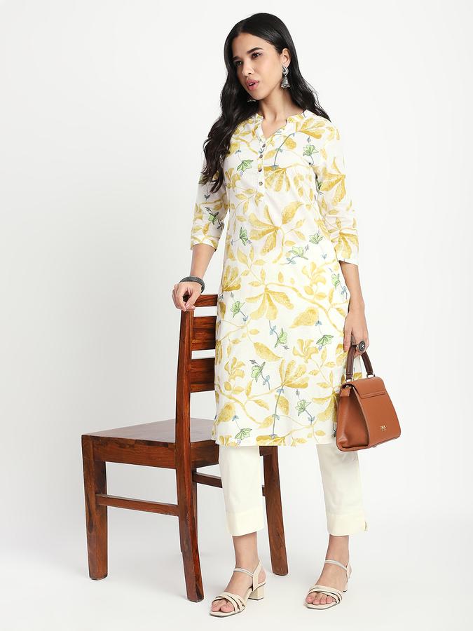 Women Cotton Regular Fit Mandarin Collar Printed Kurta