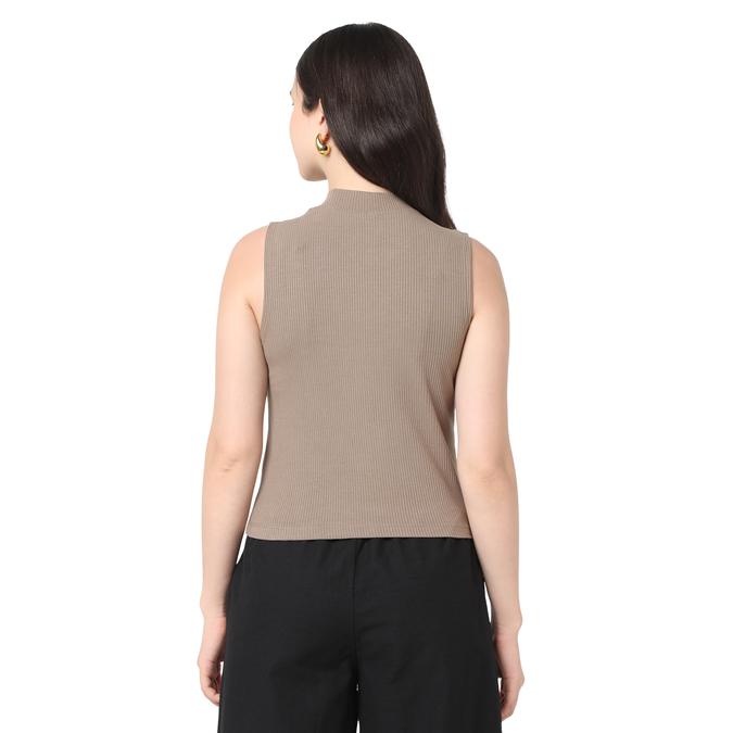 R&B Women Brown Solid Sleeveless Ribbed Top