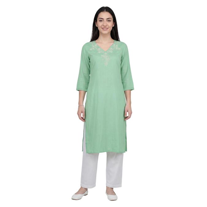R&B Green Women V-Neck Three-Quarter Sleeves Kurta 