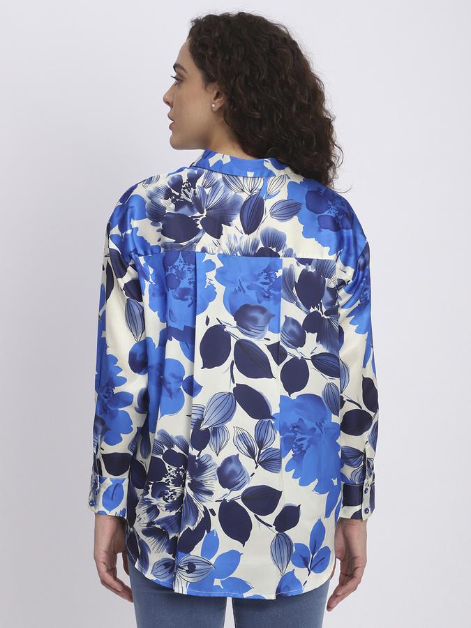 R&B Women Blue Floral Print Satin Shirt