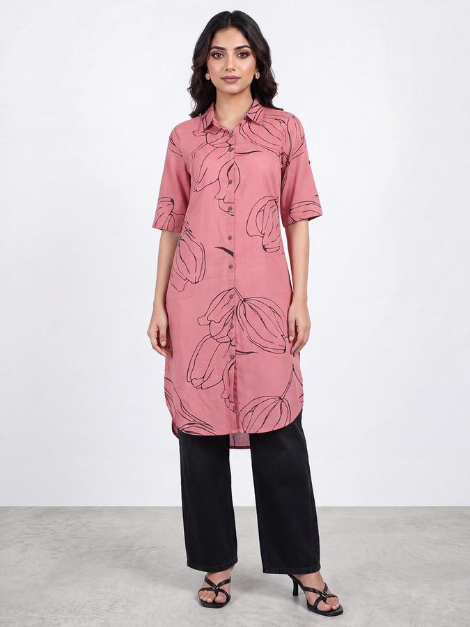 R&B Women Pink Floral Print Shirt Collar Short Sleeves Straight Kurta