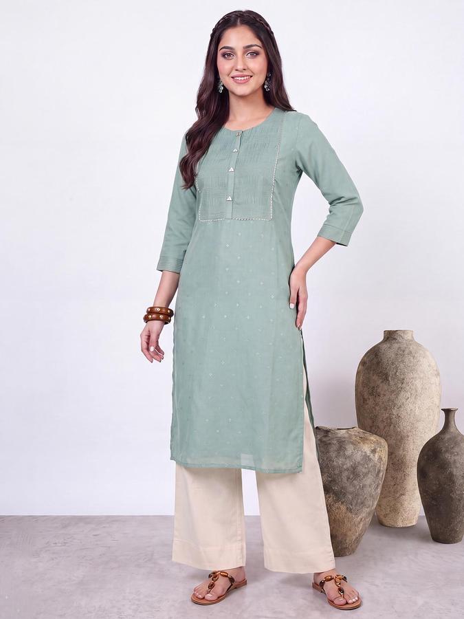 R&B Women Mint Green Round Neck 3/4 Sleeves Pintuck Straight Kurta