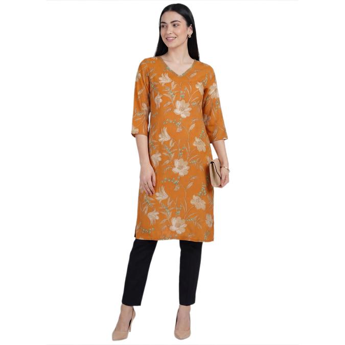 R&B Orange Women V-Neck Three-Quarter Sleeves Kurta 