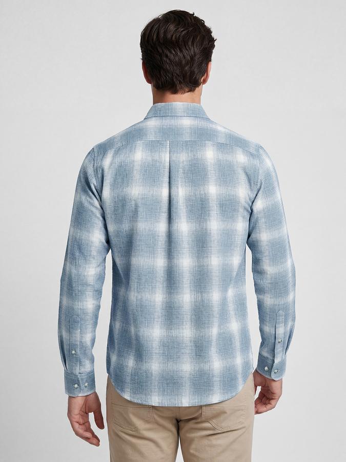 R&B Light Blue Checked Men Spread Collar Long Sleeves Shirt