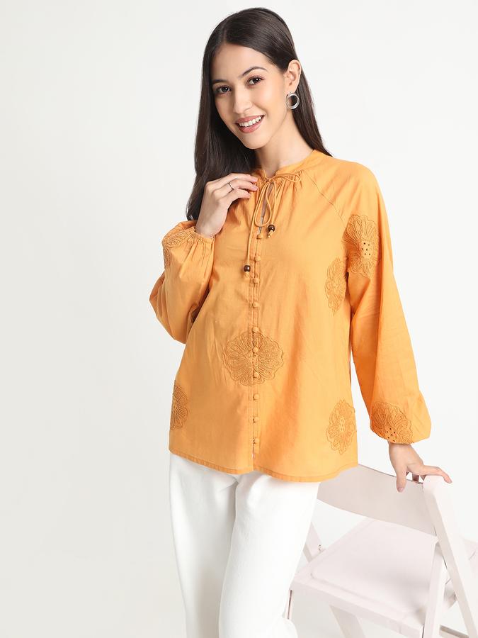 Women Cotton Relaxed Fit Tie Neck Embroidered Top