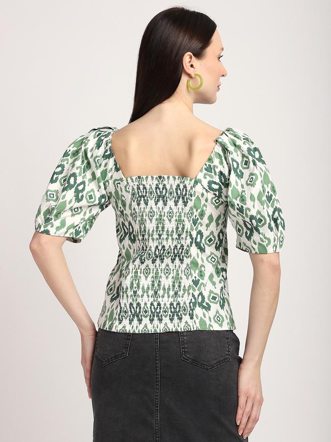 R&B Women Green Ikat Print Puff-Sleeve Top