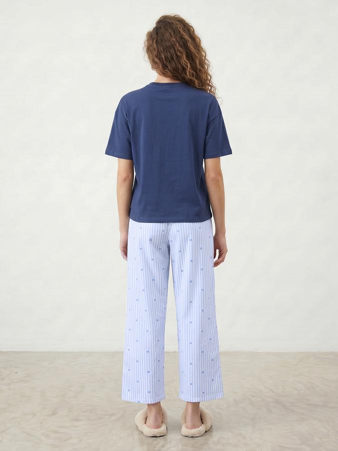 R&B Women's Blue Printed Pure Cotton T-Shirt & Pyjama Night Suit Set