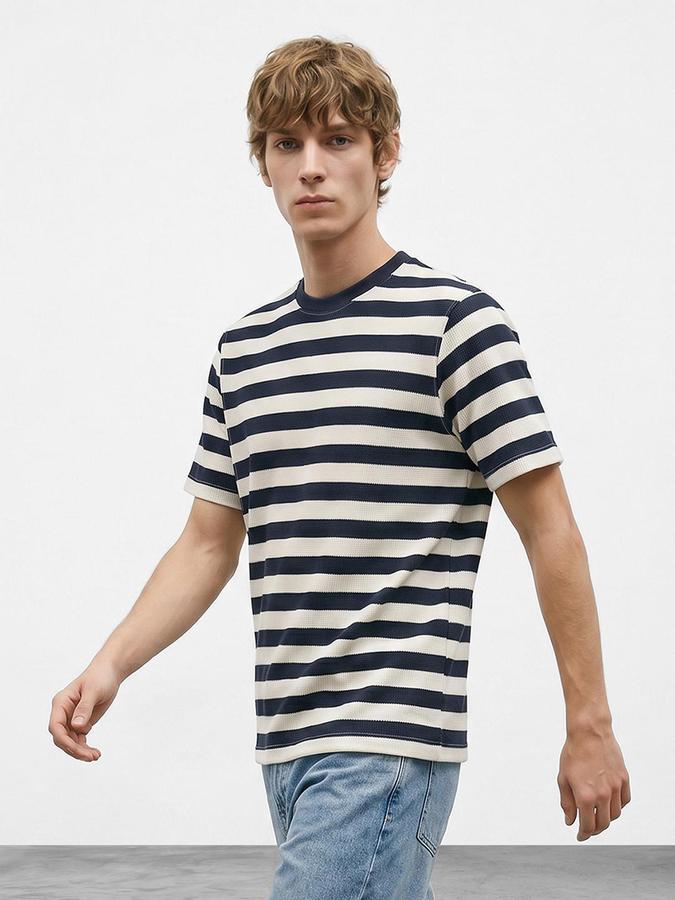 R&B Navy Blue Men Striped Short Sleeves Tshirt