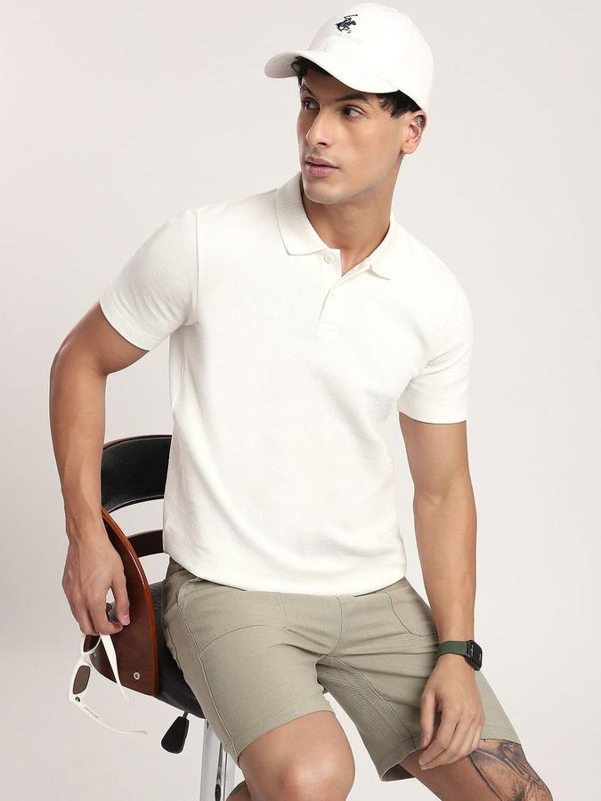 R&B Mens Ivory Self Design Polo Collar Short Sleeves T-shirt
