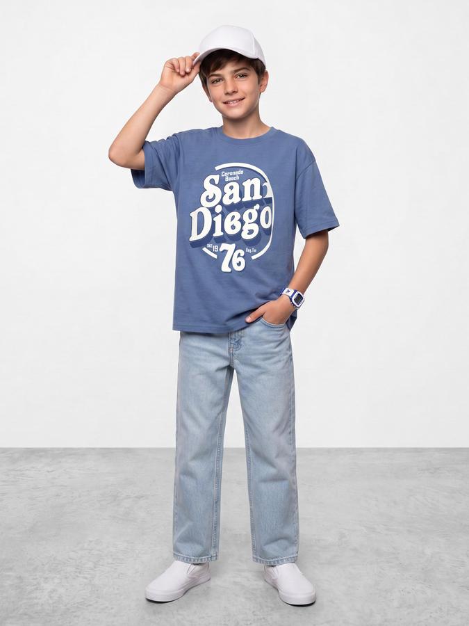 R&B Boys Blue Graphic Print Short Sleeves Round Neck Pure Cotton T-Shirt