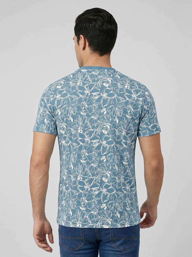 R&B Blue Floral Print Men Round Neck Regular Fit Short Sleeves T-Shirt 