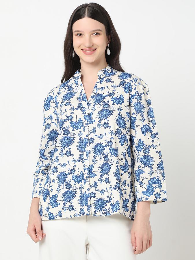 Women Cotton Regular Fit Mandarin Collar Floral Top