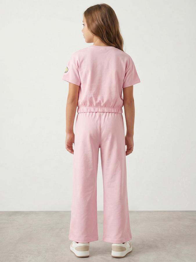 R&B Girls Pink Printed Short Sleeves Round Neck Sweatshirt& Trousers Set 