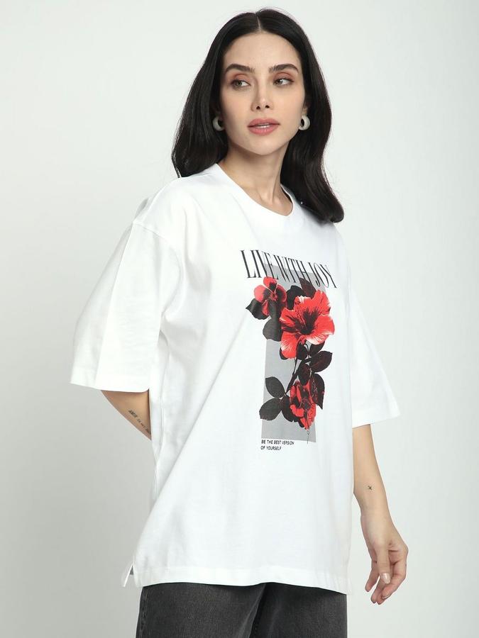 R&B Womens White Floral Print Round Neck Short Sleeves T-shirt