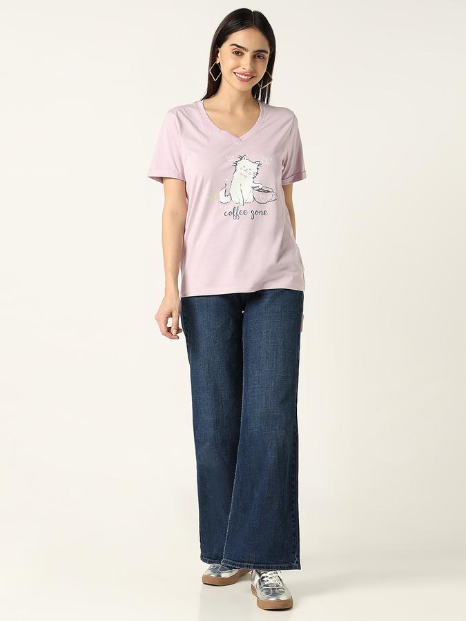 R&B Women Lilac Character Cat Graphic T-Shirt