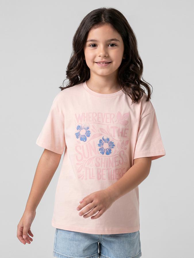 R&B Pink Graphic Print Girls Round Neck Regular Fit Short Sleeves T-Shirt 