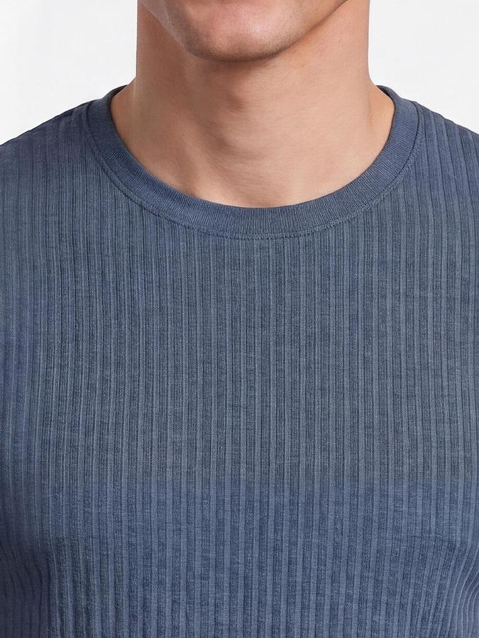 R&B Men Blue Ribbed Short Sleeves Tshirt