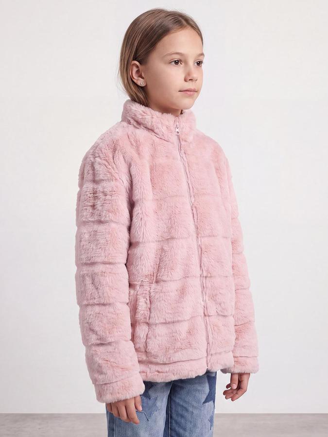 R&B Girls Pink Self Design Raised Collar Fur Jacket