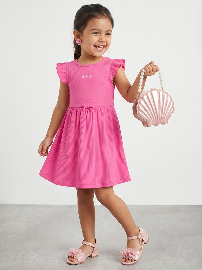 R&B Girl Pink Tropical Embroidery Flutter Sleeves Fit and Flare Dress