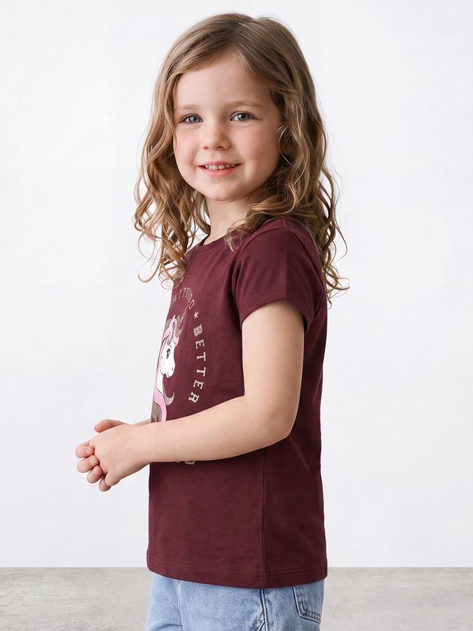 R&B Girls Red Unicorn Graphic Print Short Sleeves Tshirt
