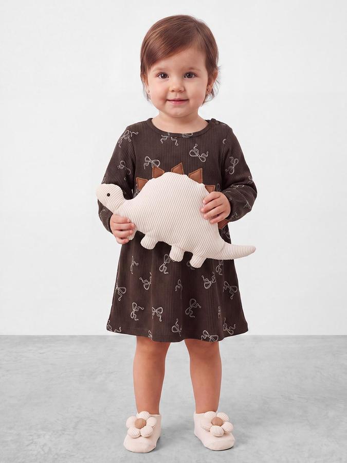 R&B Girls Dark Brown Bow Printed Round Neck Bishop Sleeves Fit and Flare Dress