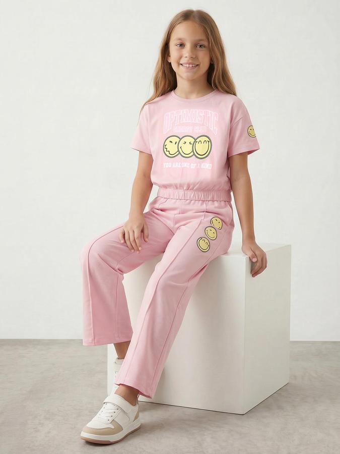 R&B Girls Pink Printed Short Sleeves Round Neck Sweatshirt& Trousers Set 