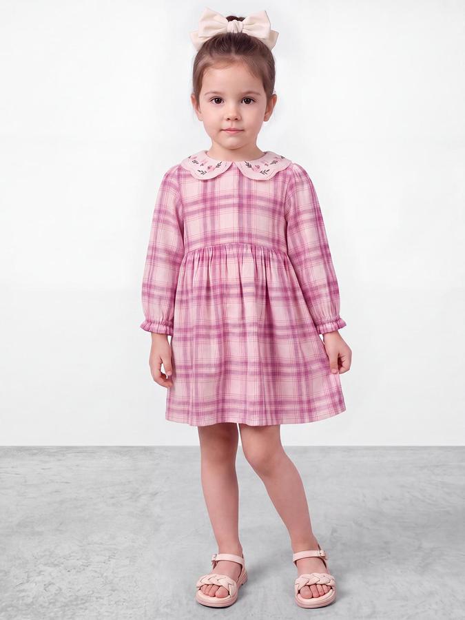 R&B Girls Pink Checked Peter Pan Collar Bishop Sleeves A Line Dress