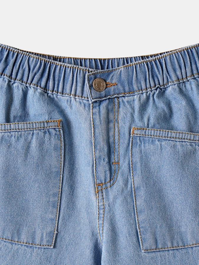 Girls Denim Wide Leg Elastic Waist Washed Jeans