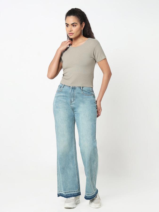 R&B Women Green Solid Ribbed T-Shirt