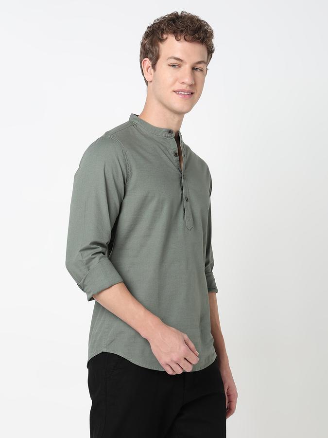 HALF PLACKET KURTA SHIRT - SLUB SHIRT SOLID SINGLE POCKET SLIM FIT image number 3