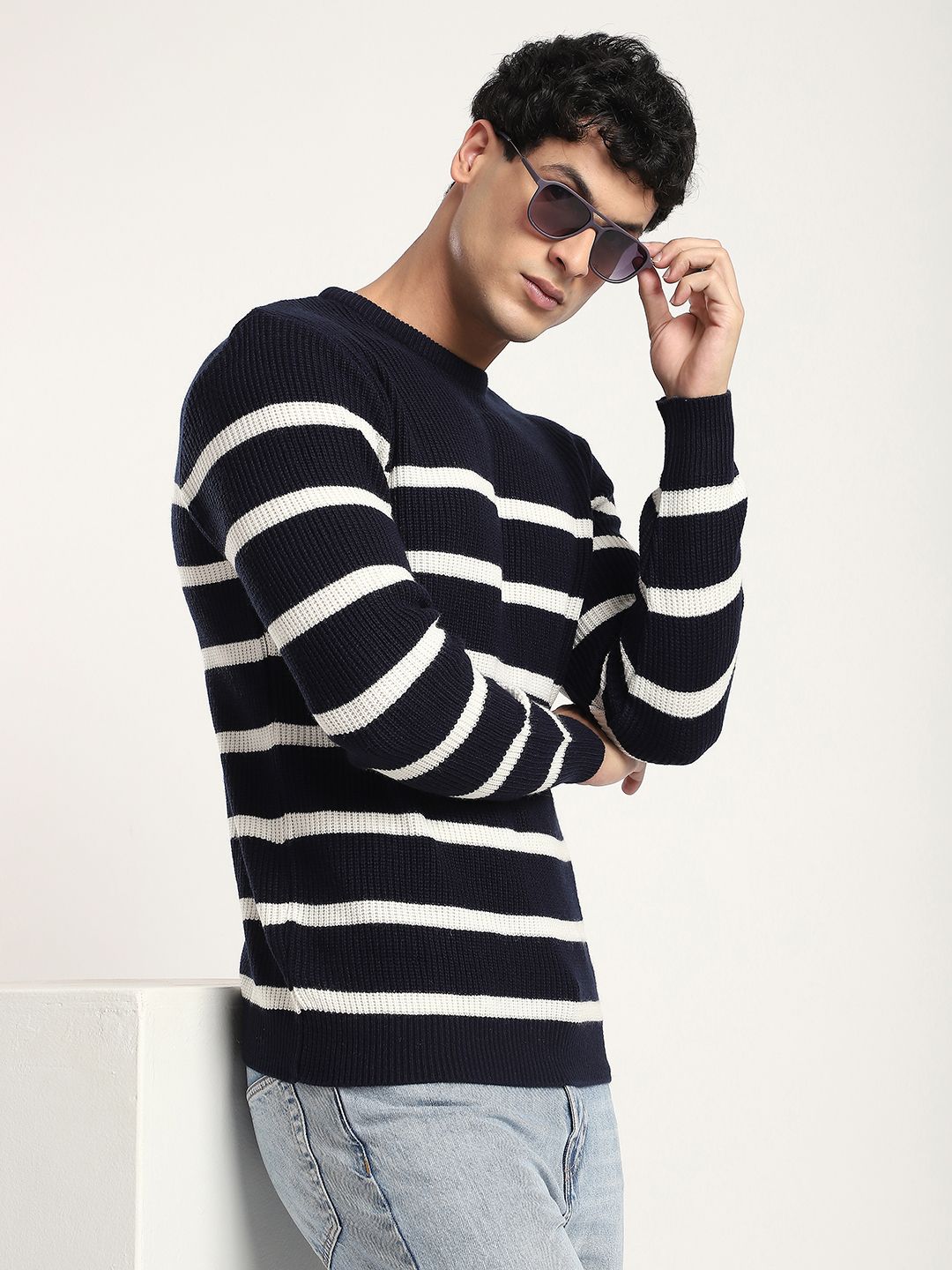 Men Knit Regular Fit Crew Neck Striped Sweater