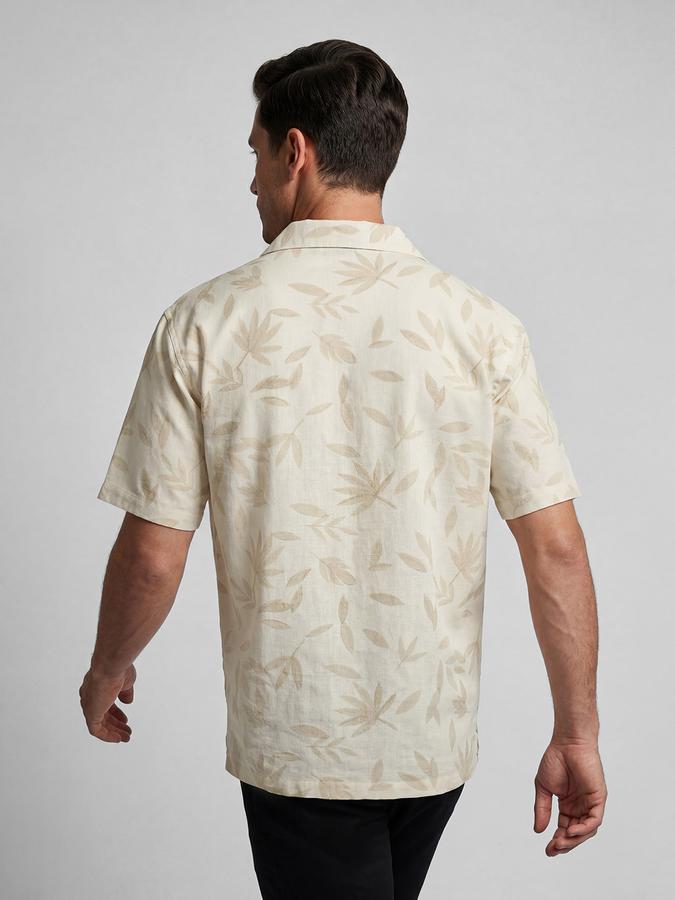 R&B Beige Floral Printed Men Cuban Collar Short Sleeves Shirt