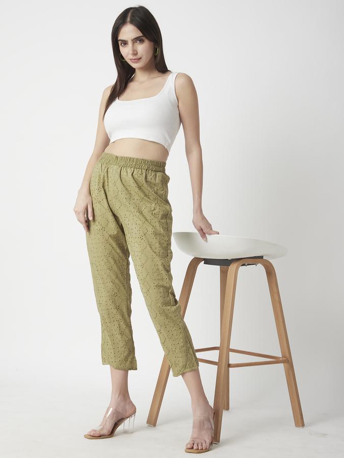 Women Cotton Tapered Elasticated Waist Embroidered Trousers