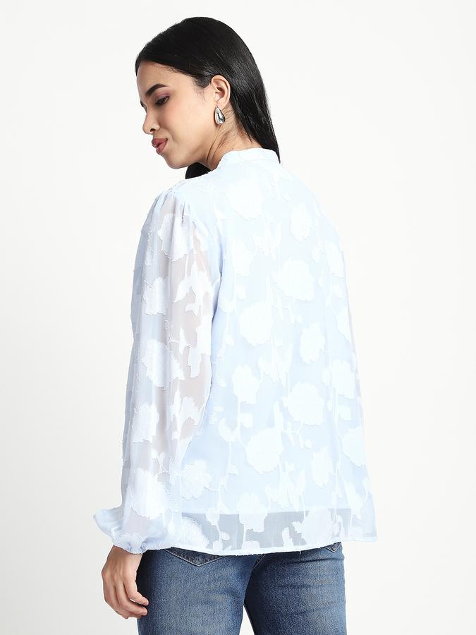 Women Polyester Regular Fit Ruffled Neck Embroidered Top