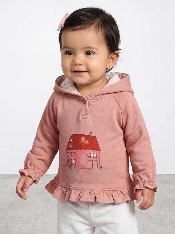R&B Girls Peach Graphic Print Hooded Long Sleeves Sweatshirt
