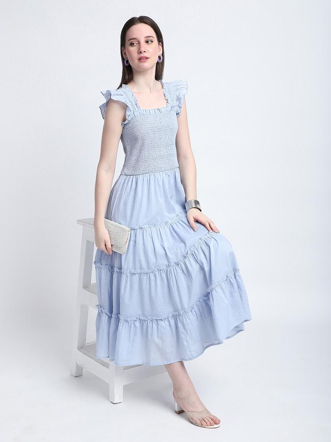 R&B Women Powder Blue Solid Smocked Tiered Dress