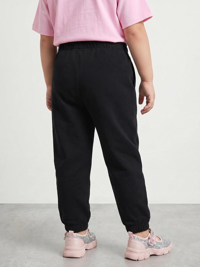 R&B Girls Black Straight Fit Graphic Printed Mid-Rise Cotton Track Pant