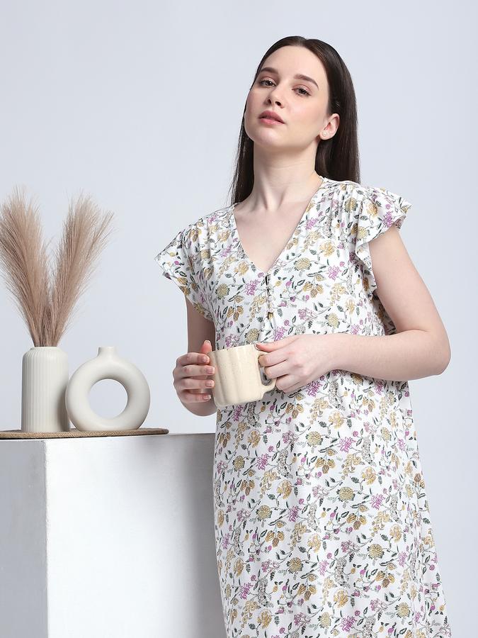 Women Cotton Relaxed Fit V-Neck Printed Night Shirt