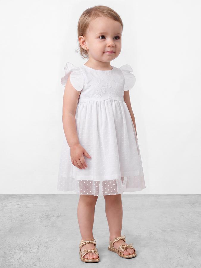 R&B Girls White Flutter Sleeves Floral Embroidery Knee Length A-Line Dress