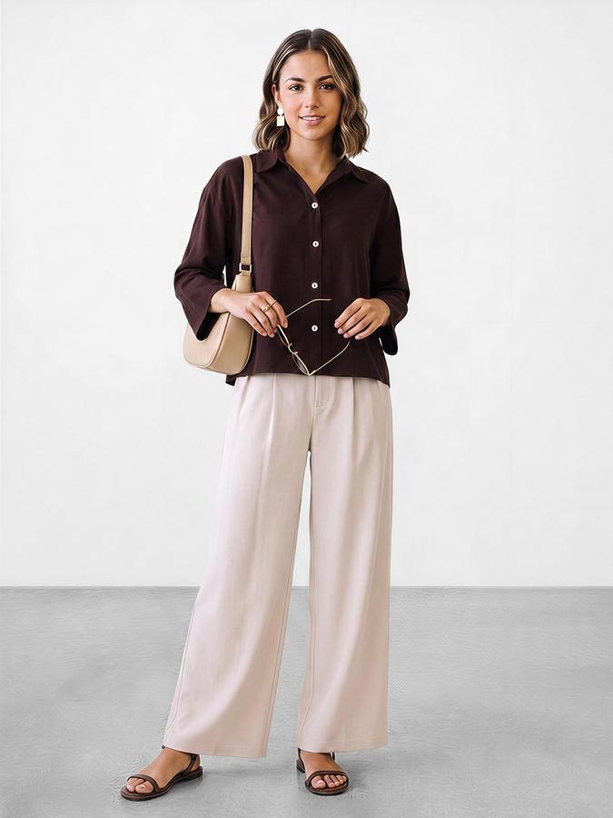 R&B Women Brown Solid Shirt Collar Long Sleeves Shirt Style Top