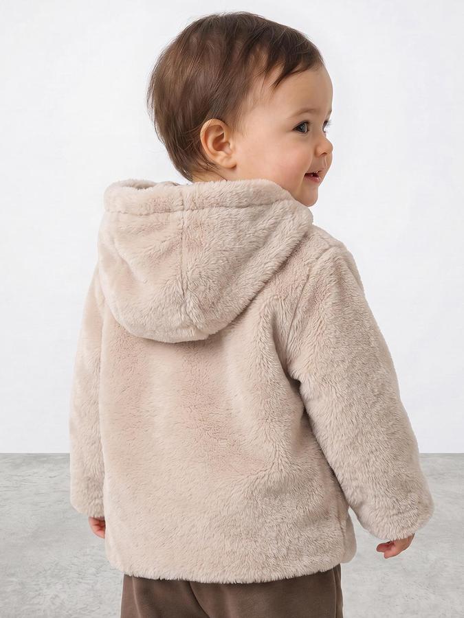 R&B Girls Beige Solid Hooded Long Sleeves Fur Jacket