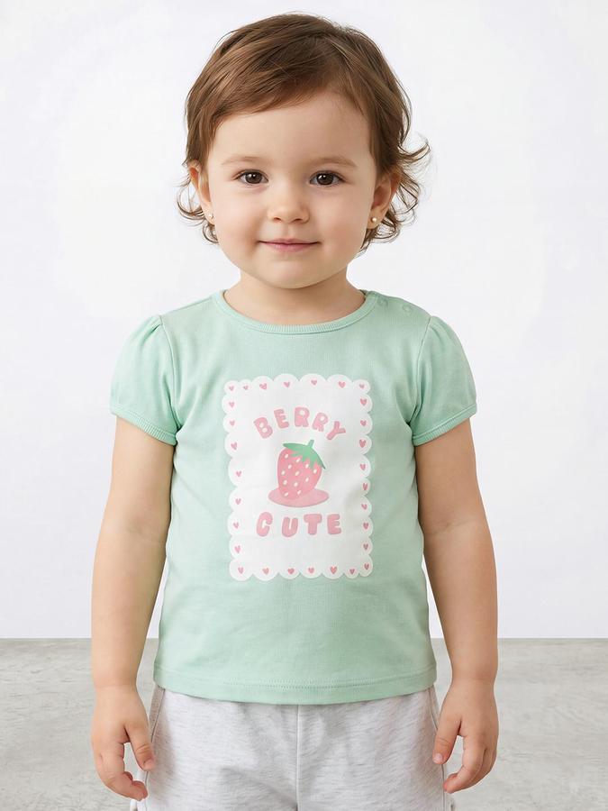 R&B Girls Green Graphic Print Short Sleeves Round Neck Pure Cotton T-Shirt
