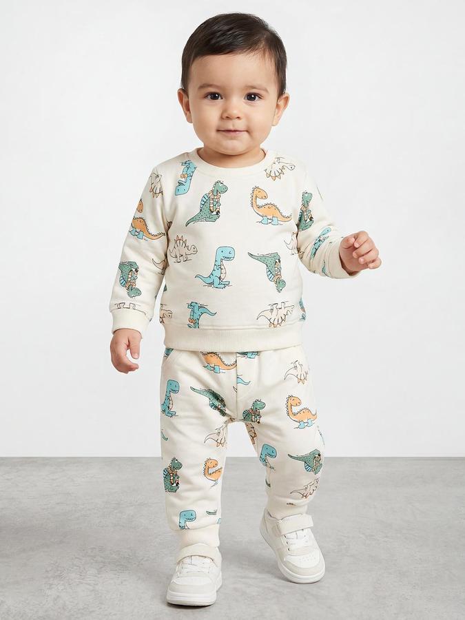 R&B Boys Off White Printed Long Sleeves Round Neck Sweatshirt& Joggers Set 