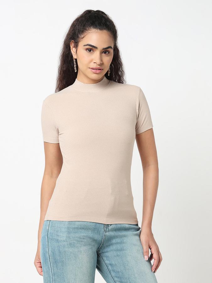 R&B Women Sand Solid Ribbed Top